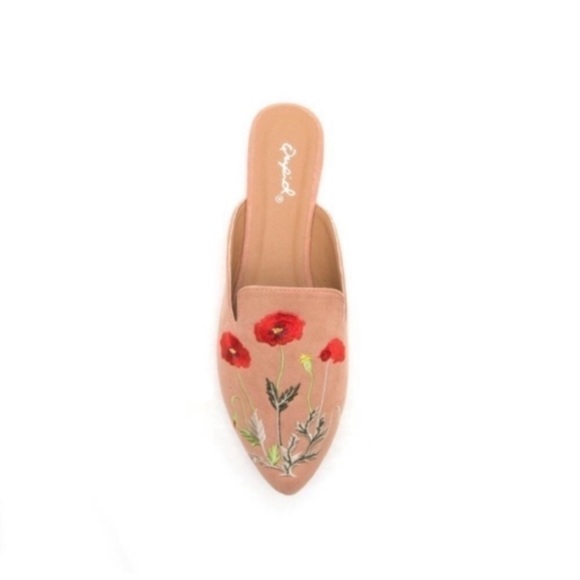 Qupid Shoes - Qupid Blush Suede Floral Loafer Slides